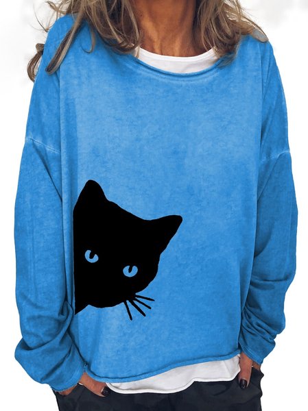 

Cats Print Long Sleeve Round Neck Shirts & Tops, Blue, Tops
