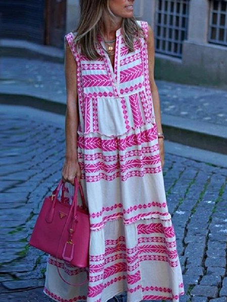 

Sleeveless Holiday Geometric Shift V Neck Maxi Dress, Red, Maxi Dresses