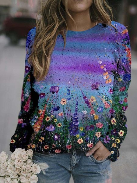 

Romantic Colorful Flower Painting Print Crew Neck Sweatshirts, Blue, Tops