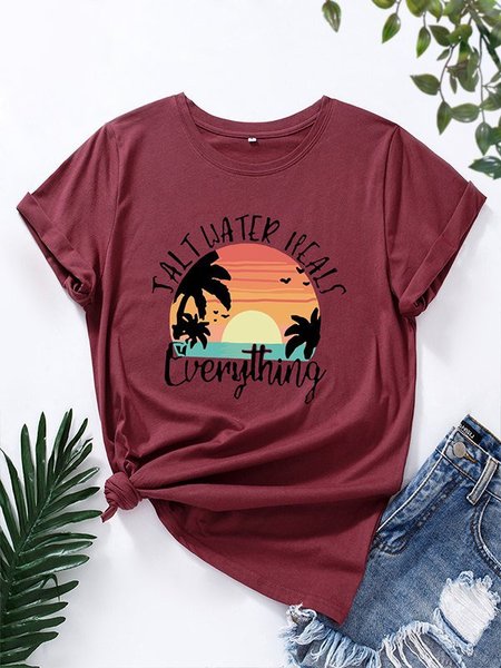 

Crew Neck Casual Short Sleeve T-shirt, Wine red, Tees & T-shirts