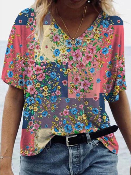 

Women's Summer Floral Printed Short Sleeve Vintage V Neck T-Shirts, Pink, Tops