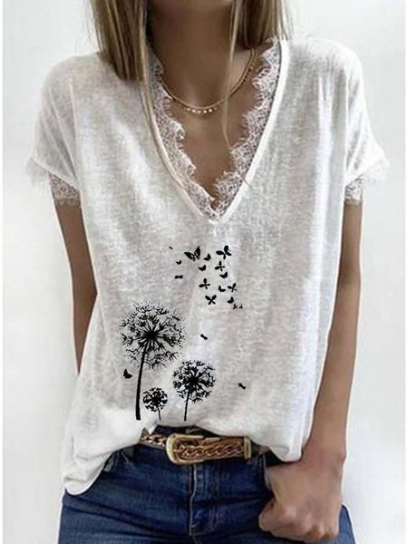 

Butterfly Dandelion Printed Short Sleeve Paneled Casual T-shirt, White, Tees & T-shirts