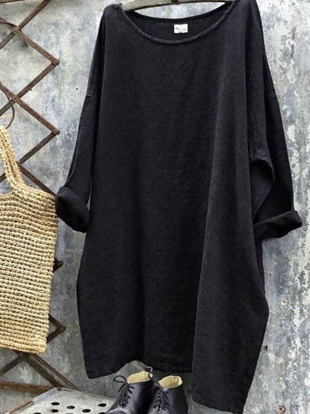 

Casual Cotton-Blend Scoop Neckline Long Sleeve Dresses, Black, Midi Dresses