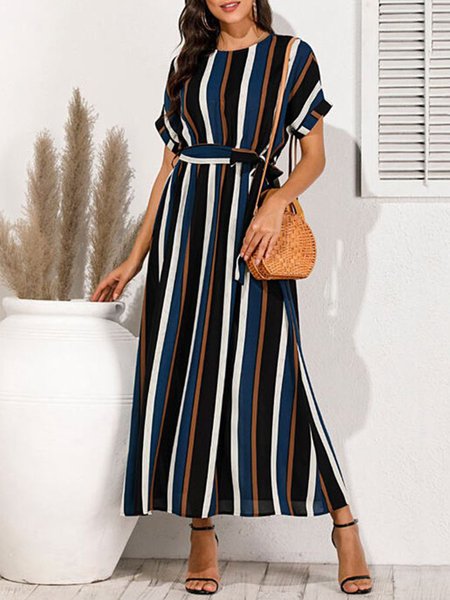 

Crew Neck Short Sleeve Elegant Dress, Black, Midi Dresses