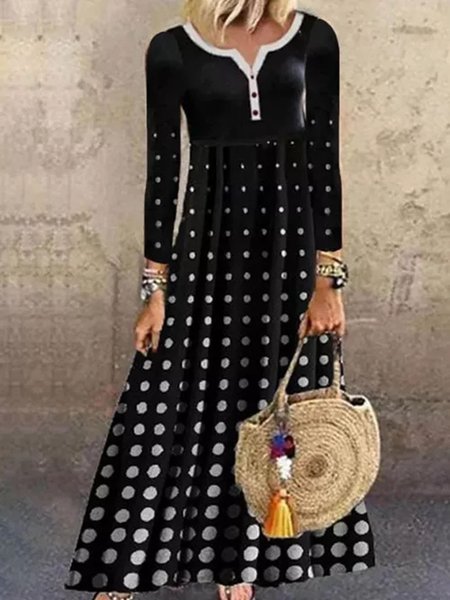 

Elegant Polka Dot Tunic V-Neckline A-line Dress, Black, Casual Dresses