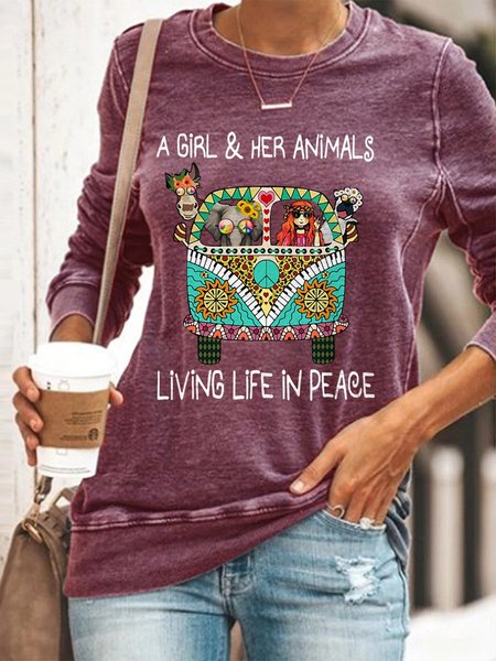 

Hippie – A Girl And Her Animals Living Life In Peace Graphic Crew Neck Long Sleeve Sweatshirt, Purple, Hoodies&Sweatshirts