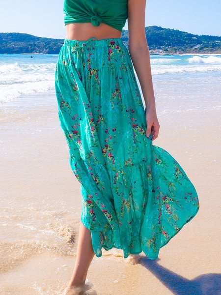 

Floral Casual Cotton-Blend Skirt, Green, Skirts