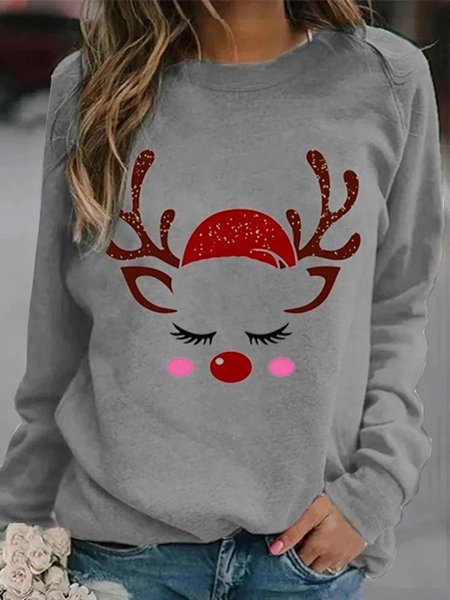 

Christmas Elk Print Loose Crew Neck Sweatshirt, Gray, Hoodies&Sweatshirts