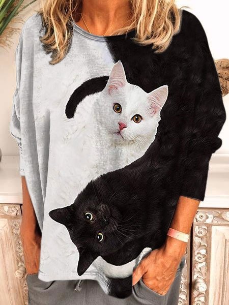 

Long Sleeve Crew Neck Vintage Tops, Black, Tops