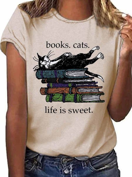 

Cat & Book Graphic Tee, Beige, T-shirts