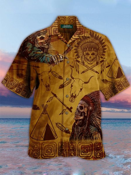 

Skull Vintage Cotton-Blend Shirts, Yellow, Men's Floral shirt