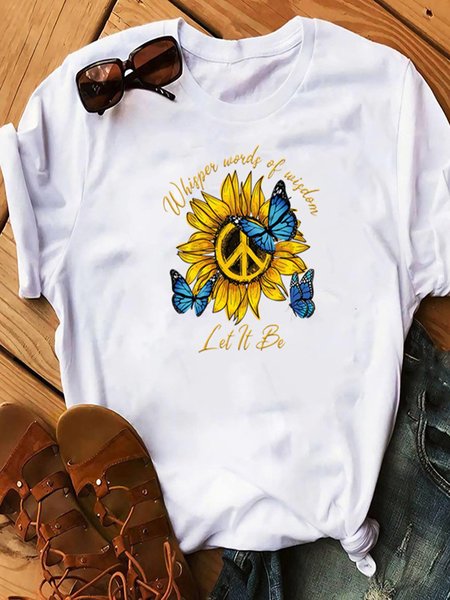 

Casual Short Sleeve Round Neck Shirts & Tops, White, Printed T-shirts