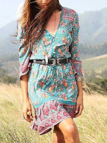 

Casual V Neck Printed 3/4 Sleeve Women Dress, Blue, Mini Dresses