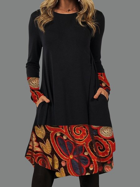 

Abito Maniche Lunghe Girocollo Vintage Cotone, Nero, Dresses