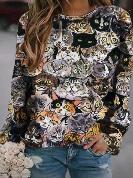 

Cat Long Sleeve Crew Neck Tops, Gray, Tees & T-shirts