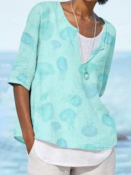 

Jellyfish Print V-neck Half Sleeves Blouse, Blue, Shirts & Blouses