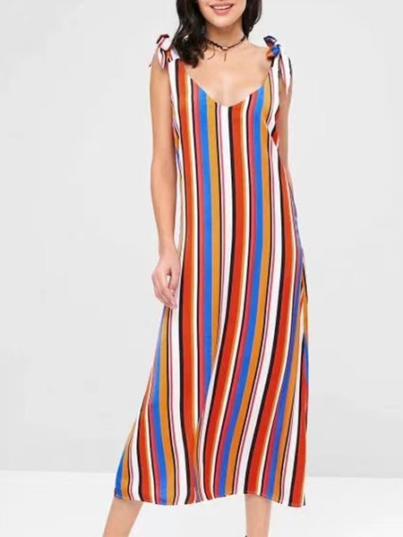

V Neck Holiday Spaghetti-Strap Stripes Dress, Multicolor, Maxi Dresses