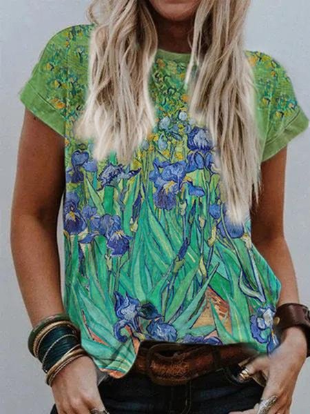 

Casual Short Sleeve Floral-Print T-shirt, Green, T-Shirts