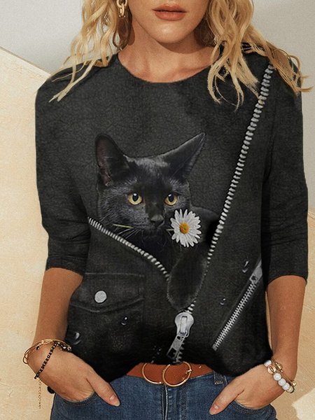 

Gatto Fiore Stampare O-collo Maniche Lunghe Casuale T-shirt, Nero, Blouses & Shirts