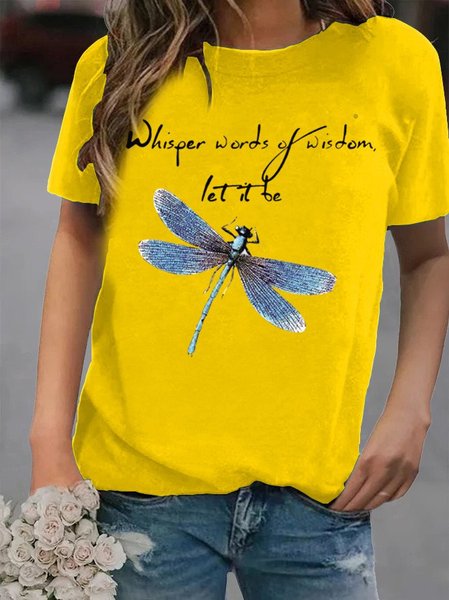 

Vintage Dragonfly Printed Plus Size Short Sleeve Crew Neck Casual Tops, Yellow, Tops