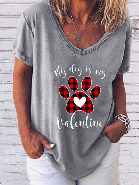 

My Dog Is My Valentine Red Plaid Dog Paw Print Graphic Tee, Gray, T-shirts