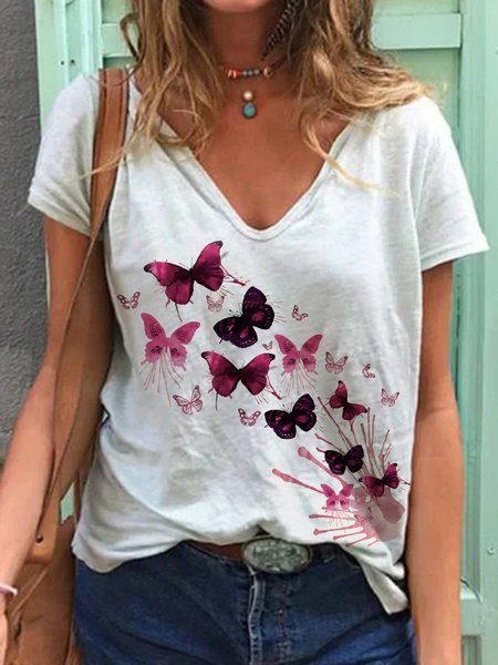 

Butterfly print casual plus size T-shirt Shift Vintage V Neck Animal Tops, White, Tees & T-shirts