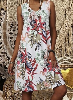 Abito Girocollo Stampato Floreale, Bianco, Summer dresses