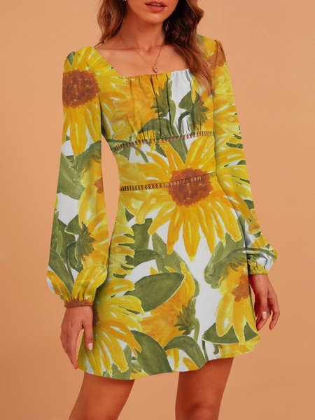 

Polyester Cotton Cutout Vintage Floral Weaving Dress, Yellow, Dresses