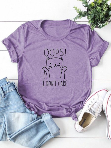 

OOPS Cat Graphic Short Sleeve Round Neck Tee, Purple, T-shirts