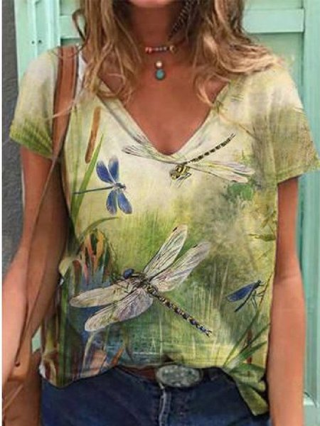 

Casual Short Sleeve Animal V Neck T-shirt, Multicolor, T-Shirts