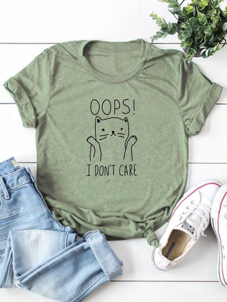 

OOPS Cat Graphic Short Sleeve Round Neck Tee, Army green, T-shirts