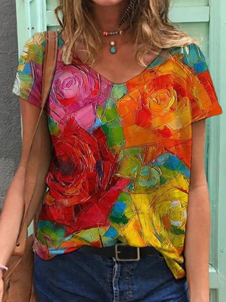 

Shift Short Sleeve Casual V Neck T-shirt, Multicolor, Tees & T-shirts
