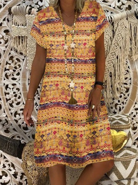 

Abito Tribale Maniche Corte A-line Stampato, Giallo, Dresses