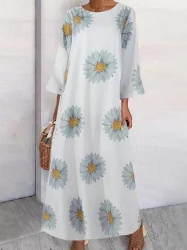 

3/4 Sleeve Floral-Print Cotton-Blend Dresses, White, Maxi Dresses