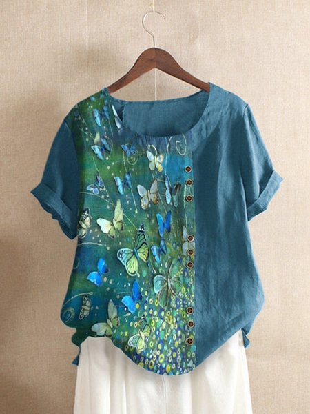 

Cotton-Blend Vintage Short Sleeve Crew Neck Tops, Blue, Auto-Clearance