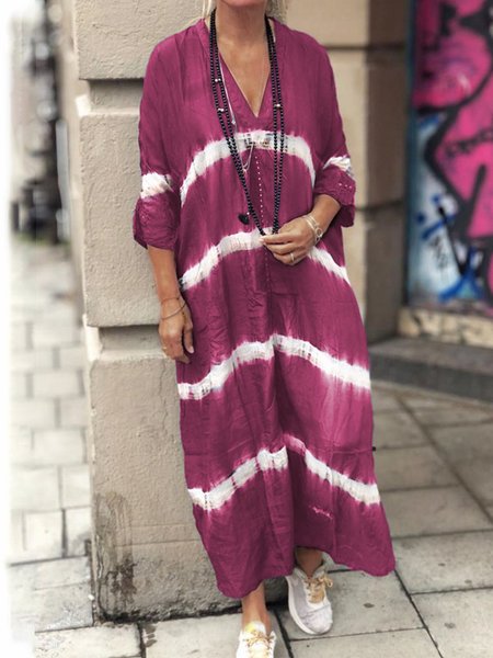 

3/4 Sleeve Stripes Printed Casual Maxi Dresses, Red, Maxi Dresses