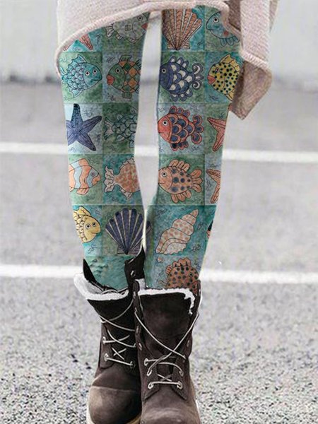 

Abstract Floral-Print Leggings, Blue, Pants