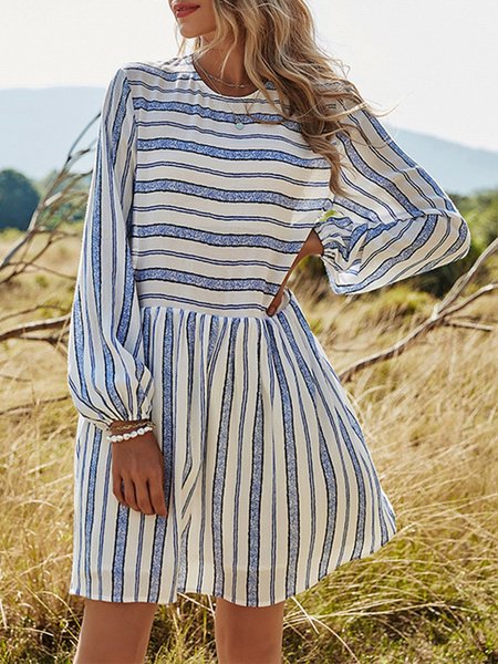 

Long Sleeve Casual Stripes Dress, Blue, Mini Dresses