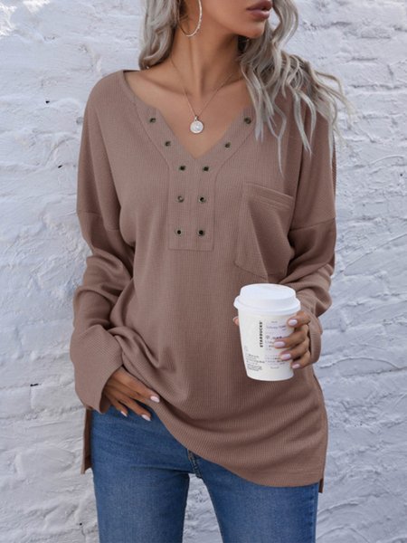 Plain Long Sleeve Shirts & Tops, Khaki, Tops