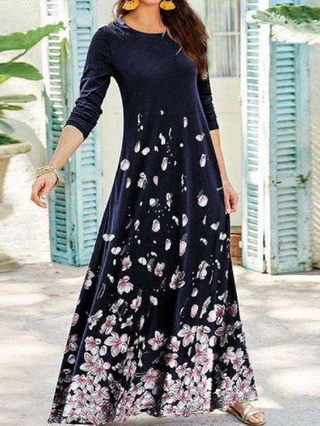 

Abito Blu Intenso Stampata Floreale Maniche Lunghe Casuale A-line, Maxi Dresses