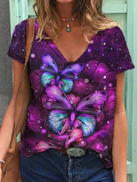 

V Neck Printed Butterfly Casual Shirts & Tops, Purple, T-Shirts