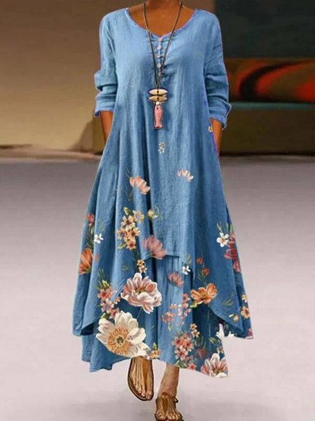 

Maxi Gonna Floreale Maniche Lunghe Girocollo Casuale, Blu, Dresses