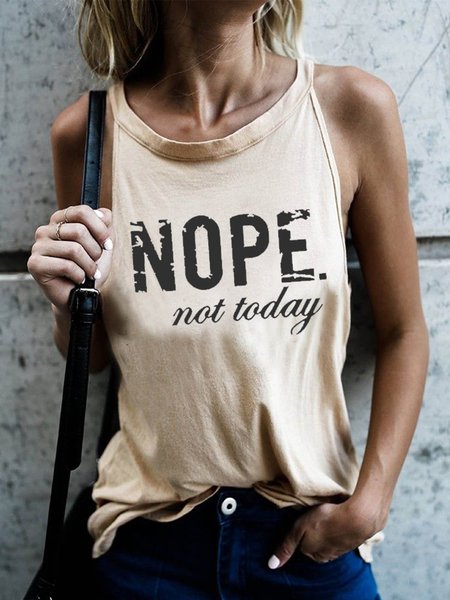 

Crew Neck Sleeveless Letter Casual T-shirt, Apricot, Tank Tops & Camis
