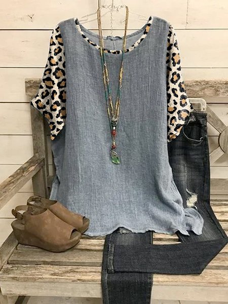 

Short Sleeve Shift Casual Cotton-Blend Tops, Gray, Tops