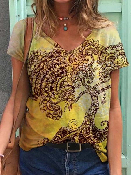 

V Neck Shift Short Sleeve T-shirt, Yellow, T-Shirts