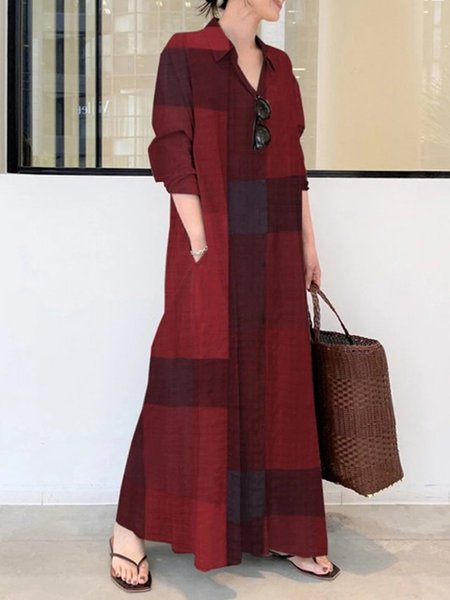 

Casual Long Sleeve Printed Shirt Collar Spring&Fall Maxi Dresses, Red, Dresses