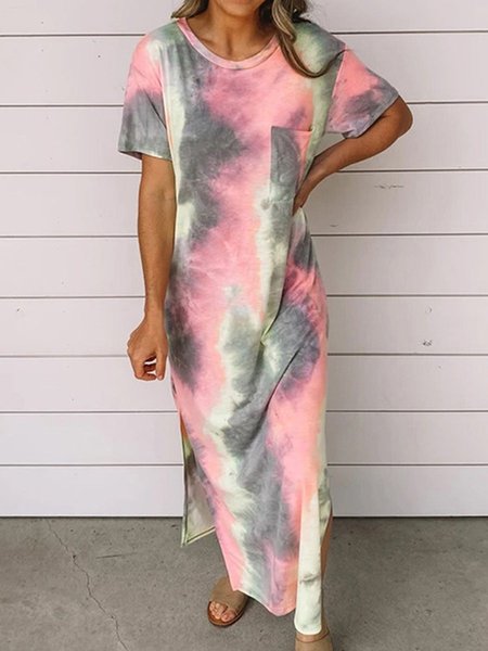 

Statement Short Sleeve Color-Block Dresses, Gray, Maxi Dresses