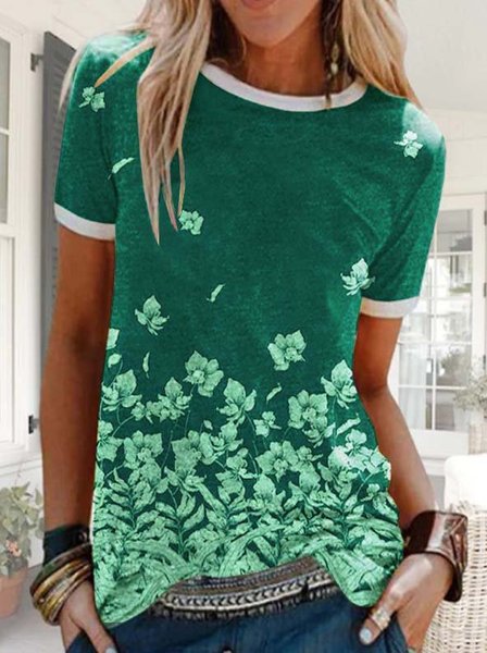 

Floral Short Sleeve Printed Cotton-blend Crew Neck Casual Summer Green Top, Tees & T-shirts