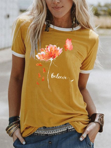 

Vintage Floral Printed Plus Size Short Sleeve Crew Neck Casual Tops, Yellow, Tops