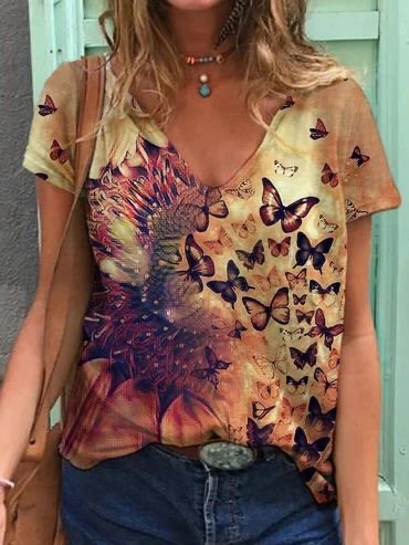 

Casual Short Sleeve Butterfly Printed Cotton-Blend T-shirt, As picture, T-Shirts